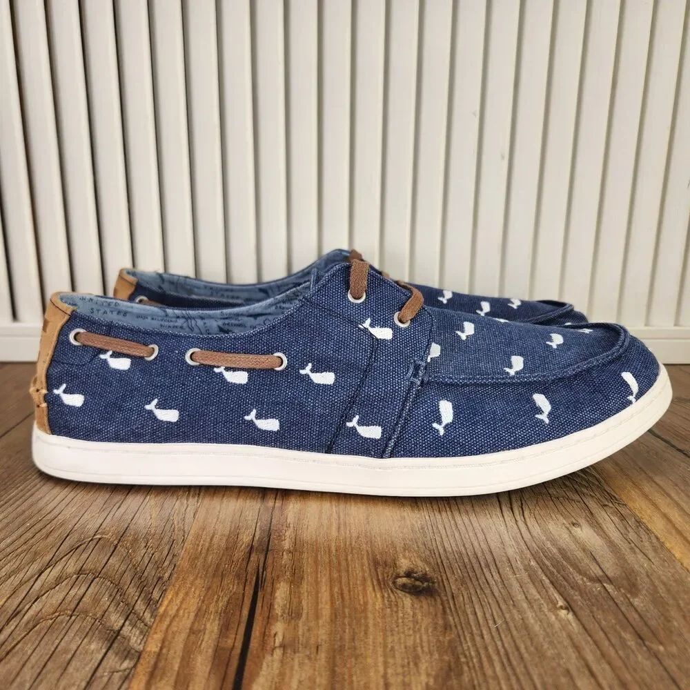 Toms Oceana Whale Print Boat Shoes Men's 12 Blue Canvas Casual Comfort Dockside